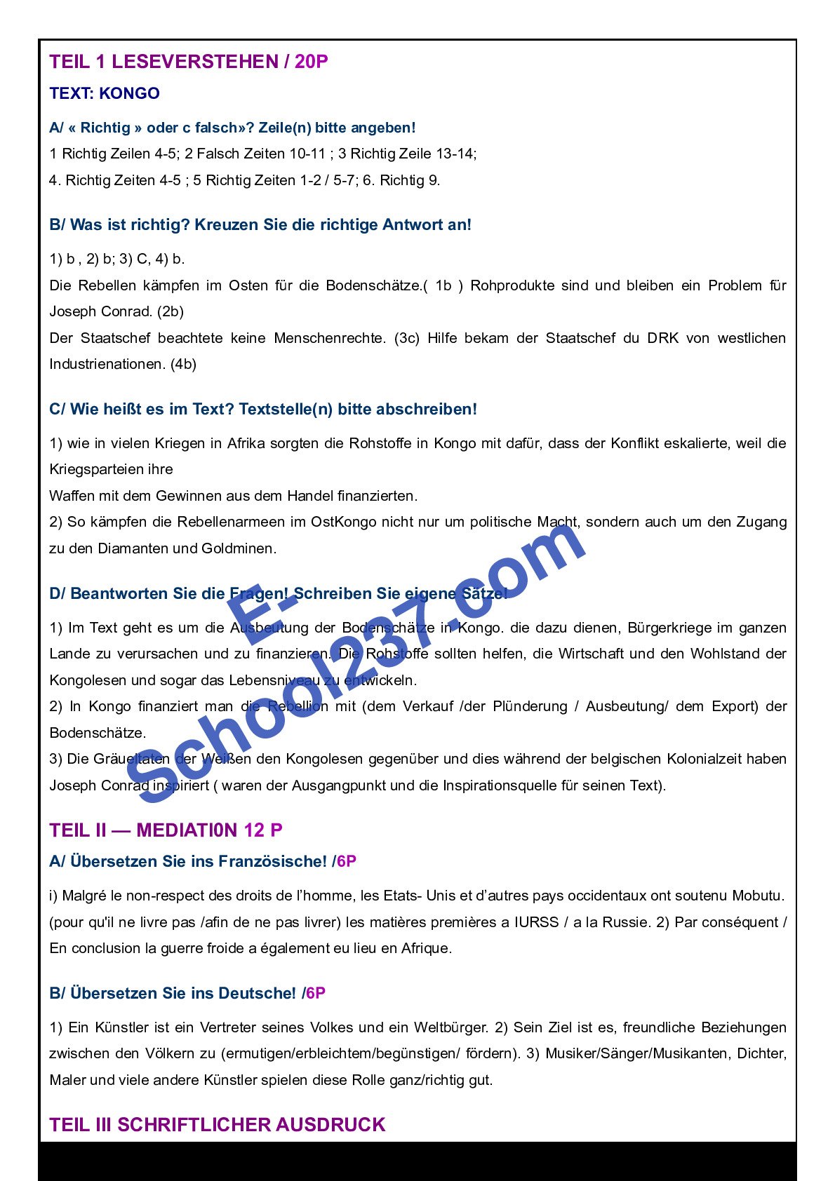 CORRIGÉ EPREUVE D’ALLEMAND - BAC A - SESSION 2022 CAMEROUN.